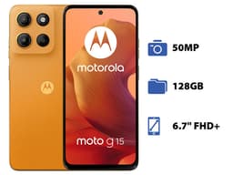 Smartphone Motorola Moto G15: Procesador Mediatek Helio G81 (hasta 2.0 GHz) , Memoria RAM de 4GB, Almacenamiento de 128GB, Pantalla LED Multi-Touch de 6.7" FHD+, Bluetooth, Wi-Fi, Cámara principal de 50MP, Android 14, Color Naranja. - imagen 2