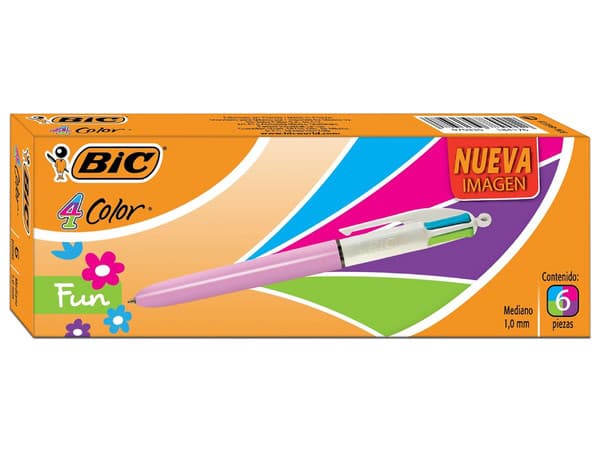 Bolígrafo BIC 4 Color Fun, punto mediano 1.0 mm, paquete con 6 piezas.