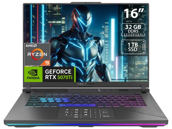 Laptop Gamer ASUS ROG Strix G16: CPU AMD Ryzen 9 9955HX (hasta 5.4 GHz),Memoria 32GB DDR5,SSD 1TB,Pantalla de 16" LED, WQXGA (2560x1600), 3ms, 240Hz,Video NVIDIA GeForce RTX 5070 Ti 12GB,S.O. Windows 11 Home,Teclado Retroiluminado en Inglés