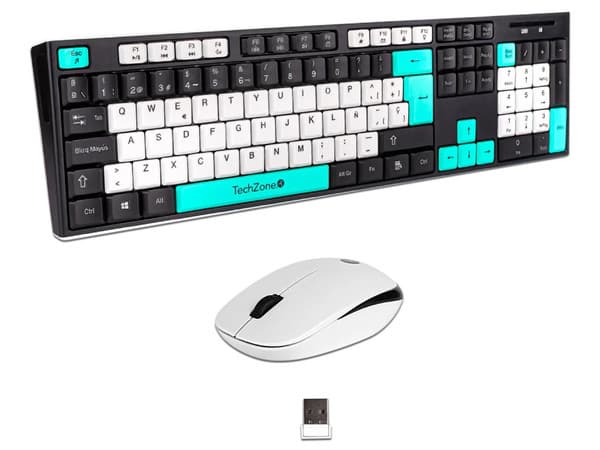 Kit Teclado Y Mouse Techzone Gradient Conexión Inalámbrica Con 105 Teclas Y Mouse Con 3 Botones DPI 1000 Color Negro Con Azul Menta Y Blanco.