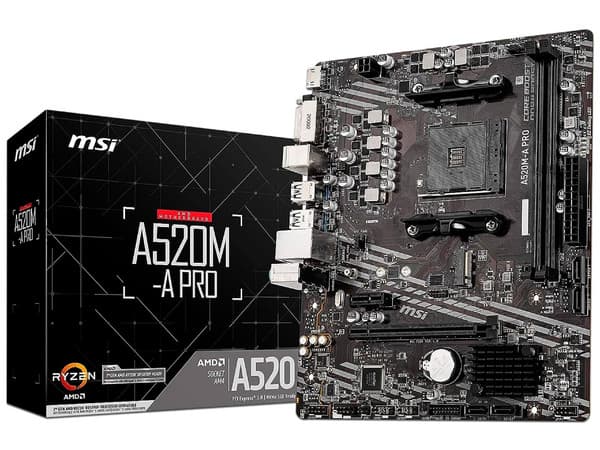 T. Madre MSI A520M-A PRO, Chipset AMD A520,Soporta: AMD Ryzen 3ra, 4ta y 5ta Generación, Socket AM4,Memoria: DDR4 4600+/ 3200/ 2133 MHz, 64GB Max,Integrado: Audio HD, Red, USB 3.0, SATA 3.0, M.2,Micro-ATX, Ptos: 1xPCIEx16, 1xPCIEx1