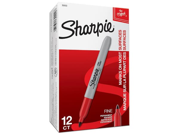 Marcador Sanford Sharpie Fino Rojo Permanente. Caja con 12 piezas, punta fina, tinta resistente al agua y a la decoloración, ideal para marcar sobre diversas superficies.
