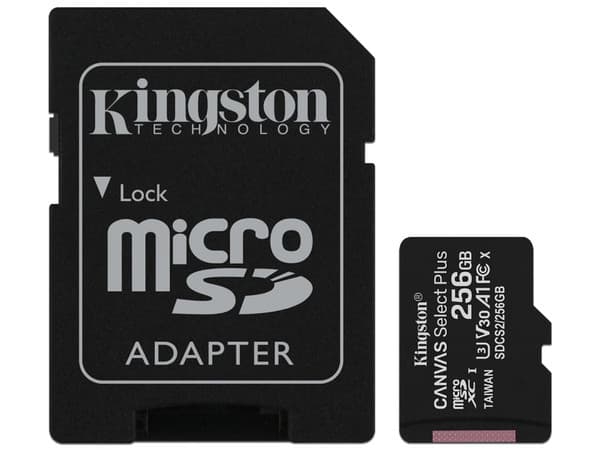 Memoria Kingston MicroSDXC UHS-I U3 Canvas Select Plus de 256GB, V30, Clase 10. Incluye adaptador.