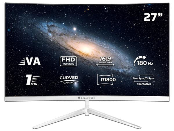 Monitor Gamer Balam Rush Andromeda MAG27Y, Curvo, 27 Pulgadas, VA, Full HD, 180 Hz, 1 ms, R1800, VESA 100, RGB, Overclock 200 Hz, FreeSync, Flicker Free, Low Blue Light, Blanco.