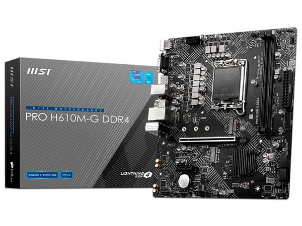 T. Madre MSI PRO H610M-G DDR4, Chipset Intel H610,Soporta: Intel 12va Generación de Socket 1700,Memoria: DDR4 3200/ 2666/2133 MHz, 128GB Max,Integrado: Audio HD, Red,USB 3.1, SATA 3.0,Micro-ATX, Ptos: 1xPCIE4.0x16, 1xPCIE3.0x1.