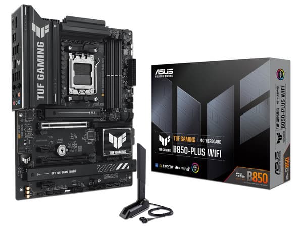 T. Madre ASUS TUF GAMING B850-PLUS WIFI: Chipset AMD B850, Soporta: AMD Ryzen 9000, 8000 y 7000 Series, Memoria: DDR5 hasta 8000MHz, 198GB Máx, Integrado: Audio HD, Red, USB 3.0, M.2, ATX, Ptos: 1xPCIE5.0x16, 1xPCIE4.0x1.
