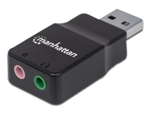 Tarjeta de Sonido Externa Manhattan USB, con salida de sonido Estéreo y entrada de Micrófono (3.5mm).