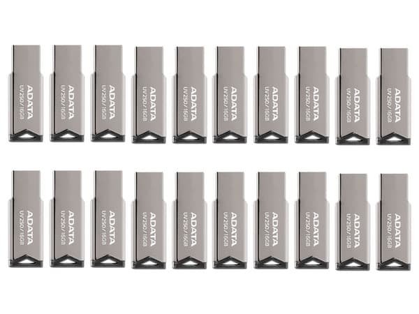 Kit de 20 Unidades Flash USB 2.0 ADATA UV250 de 16GB. Diseño Metálico.
