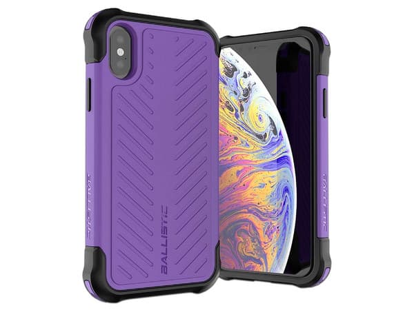 Funda protectora de uso rudo Ballistic Tough Jacket para iPhone X / Xs. Color Morado.
