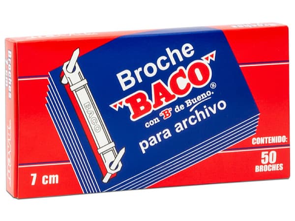 Broche BACO económico caja roja de 7cm, caja con 50 piezas.