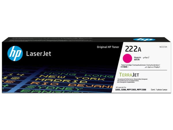 Toner HP 222A W2223A magenta, compatible con LaserJet Pro MFP 3303 / MFP 3388, rendimiento de 1,200 páginas.