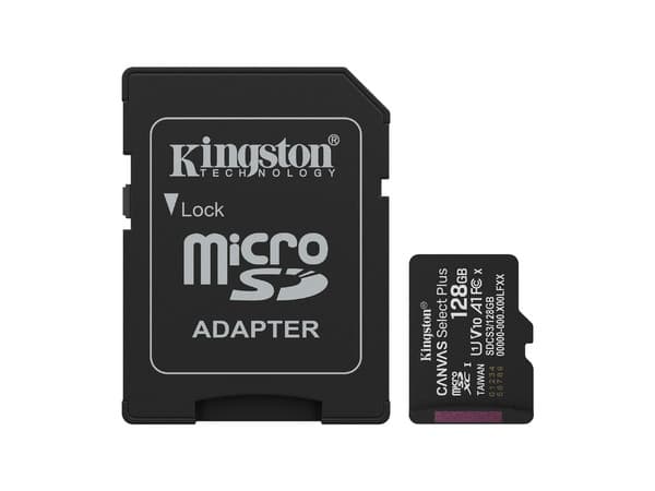 Memoria Kingston Canvas Select Plus MicroSDXC de 128 GB Clase 10, incluye adaptador SD.