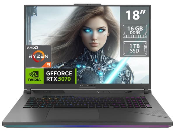 Laptop Gamer ASUS ROG Strix G18:CPU AMD Ryzen 9 8940HX (hasta 5.3 GHz),Memoria de 16GB DDR5,SSD de 1TB,Pantalla de 18" LED WQXGA (2560x1600), 3ms, 240Hz,Video NVIDIA GeForce RTX 5070 8GB,S.O. Windows 11 Home,Teclado Retroiluminado en Inglés