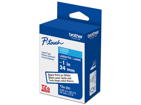 Cinta de impresión Brother, Negro sobre Blanco, 24mm x 8m, Modelo: TZE251G.