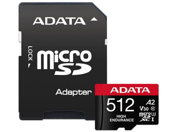 Memoria ADATA High Endurance microSDXC UHS-I U3 V30 de 512 GB, clase 10, incluye adaptador SD.