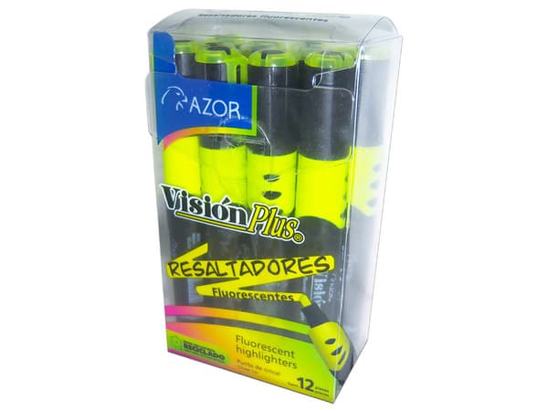 Paquete de Marcatextos Azor Visión Plus, Punta tipo cincel, 12 piezas, Color Amarillo Fluorescente.