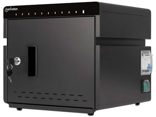 Carrito o Armario para Dispositivos Portátiles Manhattan 715942, Gabinete de Manejo, 10 Dispositivos, Material Acero, Cierre con 2 Teclas, Color Negro.