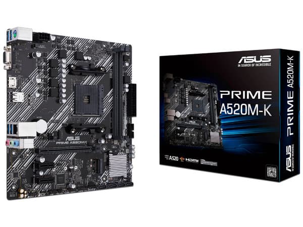 T. Madre ASUS PRIME A520M-K, Chipset AMD A520, Soporta: AMD Ryzen 3ra, 4ta y 5ta Generación, Socket AM4,Memoria: DDR4 4600/3866/2133 MHz, 64GB Max,Integrado: Audio HD, Red, USB 3.0,SATA 3.0, M.2,Micro-ATX, Ptos: PCIE 3.0 x16, PCIE 3.0 x1.