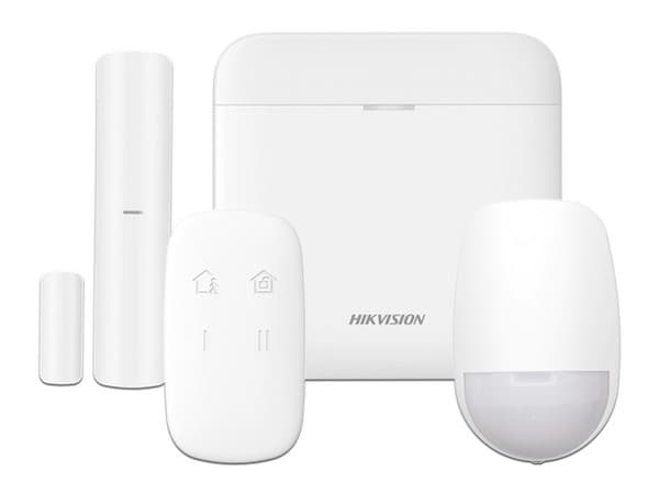 Kit de Alarma Hikvision AX PRO, Incluye 1 Hub con batería de Respaldo, Sensor PIR, 2 Conectores Magnéticos, 1 Control Remoto, 1 Sirena Inalámbrica Exterior, Color Blanco.