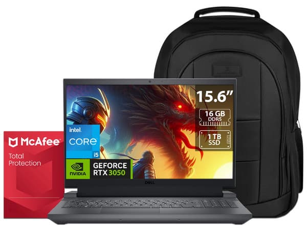 Laptop Gamer DELL G15 5530:Procesador Intel Core i5 13450HX (hasta 4.6 Ghz),Memoria de 16GB DDR5,SSD de 1TB,Pantalla de 15.6" LED,Video GeForce RTX 3050,S.O. Windows 11 Home.Incluye 1 año de Antivirus McAfee y Mochila.