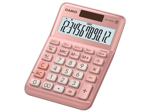 Calculadora de Escritorio Casio MS-120FM, 12 Dígitos, Calculo de Costo Venta y Margen, Color Rosa Metálico.
