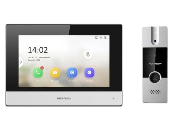 Kit de Videoportero Hikvision DS-KIS302-P, Incluye Monitor Multi-Touch de 7" Hikvision DS-KH6320-WTDE1 y Frente de Calle, Color Negro.