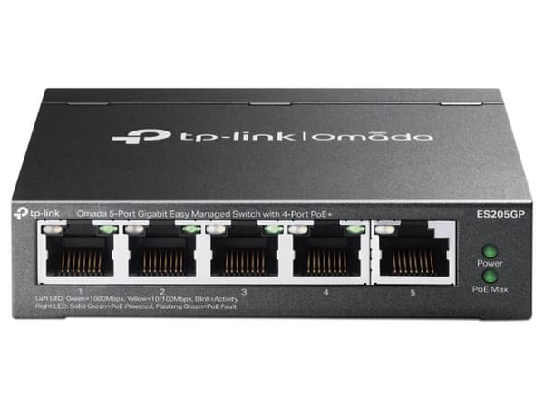Switch Omada Easy Managed TP-Link ES205GP de 5 Puertos Gigabit con 4 Puertos PoE+.