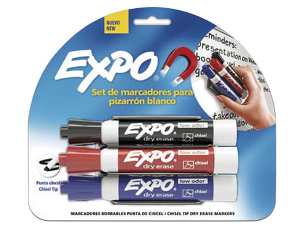 Marcador Berol Expo para pizarrón, Caja con 3 piezas (Color surtido) y un borrador imantado.