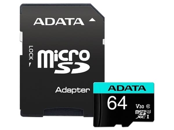 Memoria ADATA Premier Pro MicroSDXC UHS-1 U3 V30 de 64GB, Clase 10, incluye adaptador SD.