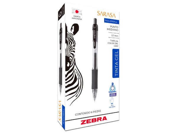 Bolígrafo Zebra Sarasa, Retráctil, Punto Mediano 0.7 mm, Tinta Gel, Color Azul, Caja con 6 Piezas.