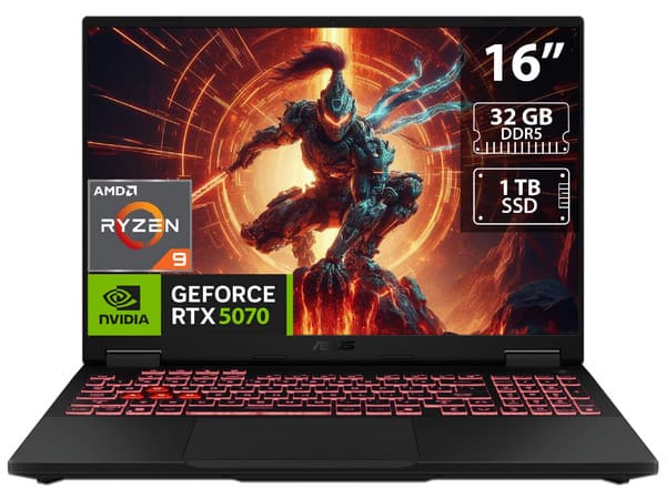 Laptop Gamer ASUS TUF Gaming A16: 
CPU AMD Ryzen 9 270 (hasta 5.2 GHz), 
Memoria 32GB DDR5, 
SSD de 1TB, 
Pantalla de 16" LED, WUXGA (1920x1200), 165Hz,
Video NVIDIA GeForce RTX 5070 8GB, 
S.O. Windows 11 Home, 
Teclado Retroiluminado en Inglés