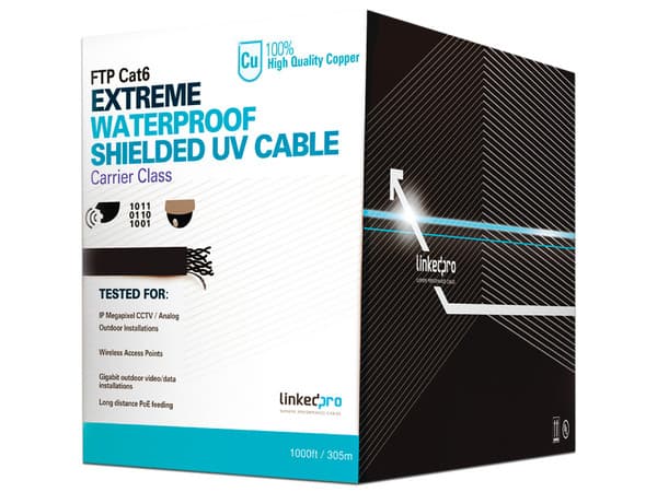 Bobina de Cable Linkedpro Cat6, 24 AWG, 305m, Climas Extremos, uso exterior. Color Negro.