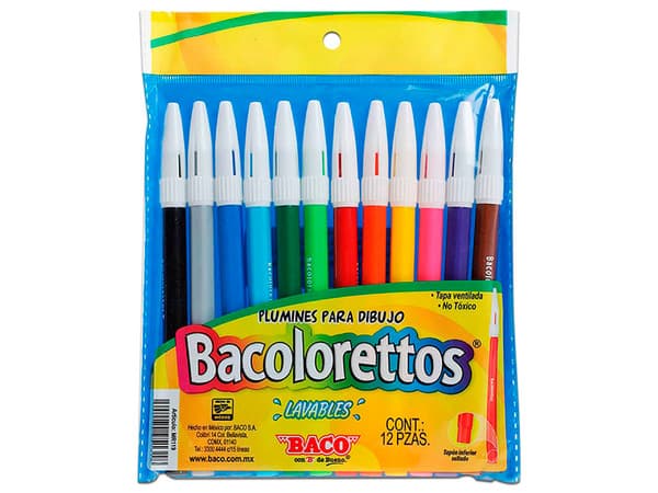 Plumones Bacolorettos, Paquete de 12 piezas multicolores.