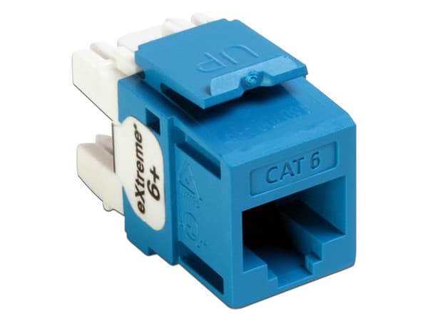 Conector Jack Modular Leviton clasificado para canal 10G, cat.6A. Color azul.