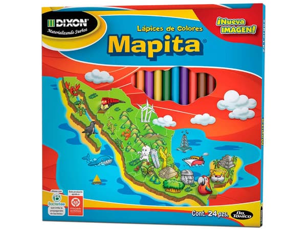 Colores Dixon 1931 Mapita, largos, caja con 24 piezas, ideales para uso escolar y artístico.