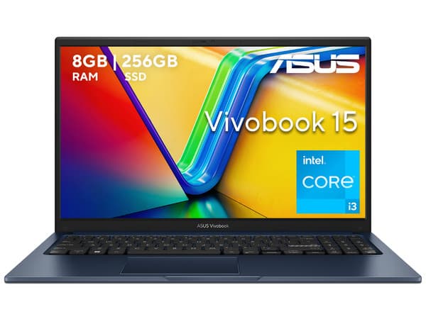Laptop ASUS VivoBook: Procesador Intel Core i3 1315U (hasta 4.5 GHz), Memoria de 8GB DDR4, SSD de 256GB, Pantalla de 15.6" LED, Video UHD Graphics, S.O. Windows 11 Home (64 Bits).