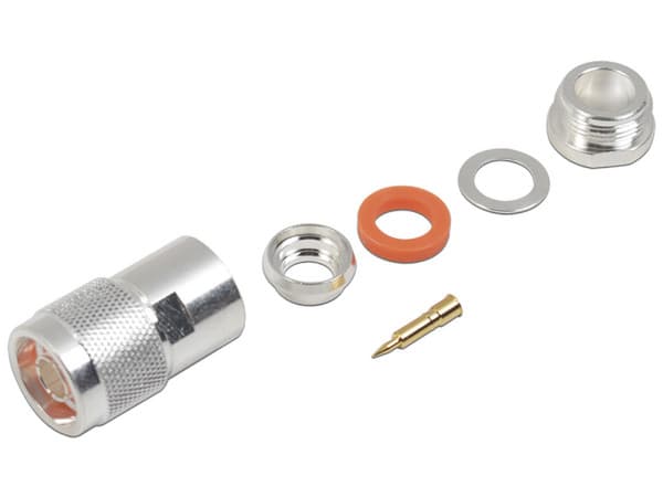 Conector Tipo N Macho RF Industries para Cables Coaxiales, Conexión de Rosca, Color Plateado.