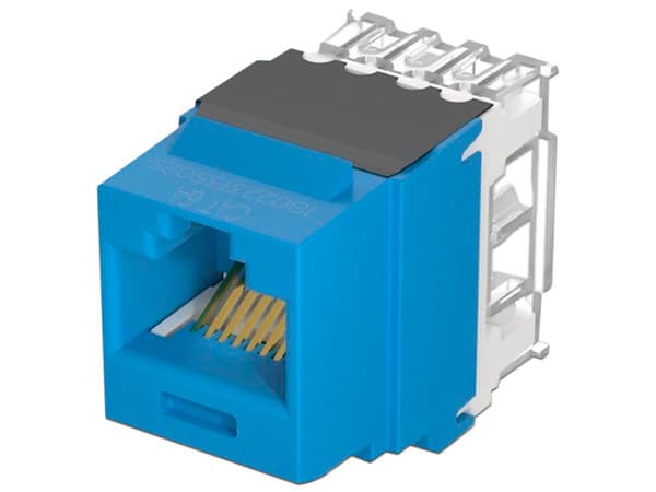 Conector Jack Estilo 110 (de Impacto), Tipo Keystone, Cat6A, de 8 posiciones y 8 cables, Color Azul.