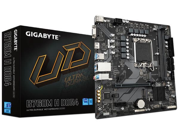 T. Madre Gigabyte B760M H DDR4: Chipset Intel B760,Soporta: Procesadores Intel Core de 13 y 14 Generación, Socket LGA 1700,Memoria: DDR4 3200/2933/2400MHz, 64GB Máx,Integrado: AudioHD, Red, USB y SATA 3.0, M.2,Micro-ATX, Ptos: 1xPCIE4.0x16.