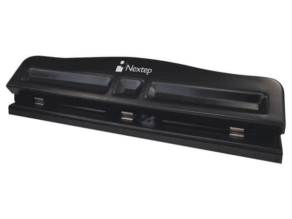 Perforadora ajustable de 3 orificios, capacidad para 10 hojas. Paquete con 2 piezas.
