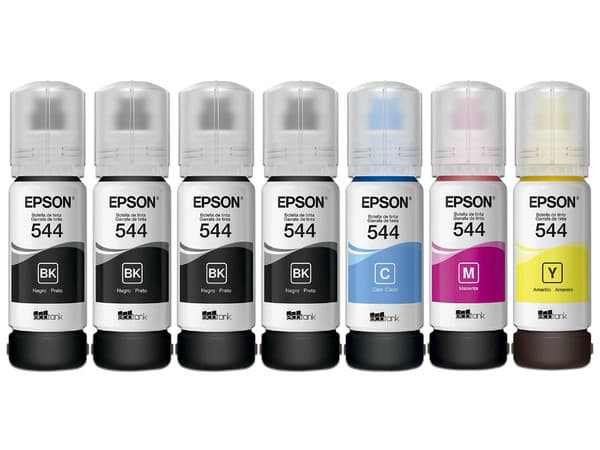 Kit de Botellas de Tinta Epson 544 , Incluye 4 Botellas de Tinta Color Negro, 1 Botella de Color Amarillo, 1 Botella de Color Cian y 1 Botella de Color Magenta.