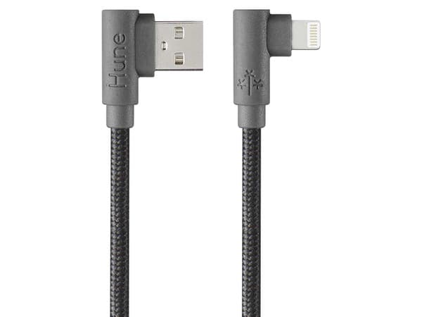 Cable de datos Hune de USB-A a Lightning, Conector de 90 grados, 1.2m. Color Gris.