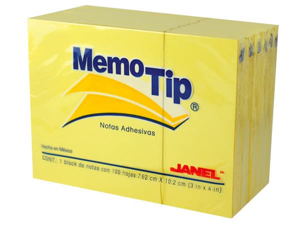 Notas Adhesivas Janel Memo Tip de 3X4", Color Amarillo, 6 Blocks de 100 Hojas C/U.
