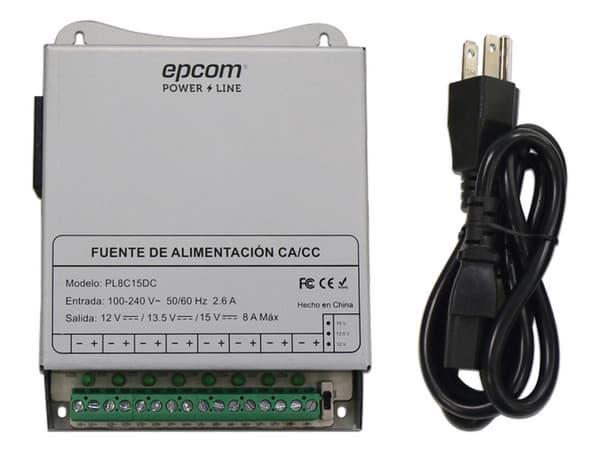 Fuente de Poder Metálica Epcom de 12 Vcc / 13.5 Vcc / 15 Vcc para 8 Cámaras, 8 A.