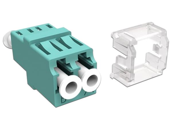 Adaptador de fibra LC Dúplex COMMSCOPE M81LC-LS-CL, JR/SR, MM, Color Aqua.