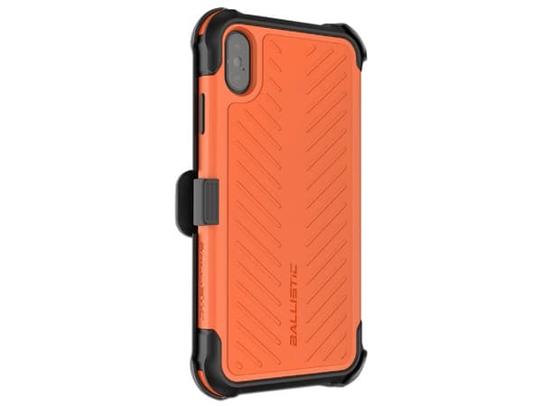 Funda Ballistic TJ Maxx de uso rudo, para iPhone XS MAX con clip y Mica de pantalla. Color Naranja/Negro.