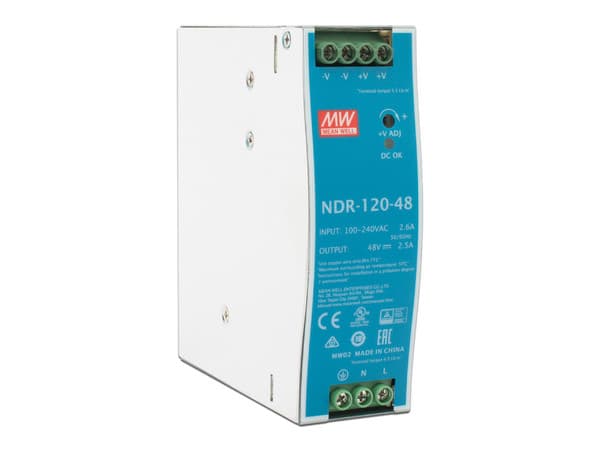Fuente de Poder Industrial Mean Well de 120W, Salida de 48Vcc, 2.5A, Montaje Riel Din.