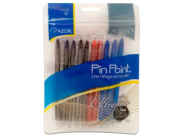 Bolígrafo Azor Pin Point 6840NRA de Punto Ultra Fino 0.5 mm, Color Negro/Rojo/Azul, (10 Piezas).