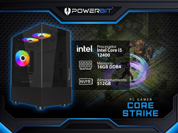 PC Gamer Powerbit Core Strike: Procesador Intel Core i5 12400 (hasta 4.6 GHz), Memoria de 16GB DDR4, SSD de 512GB, Video UHD Graphics 730, S.O. Windows 11 Home (Versión de Prueba).
