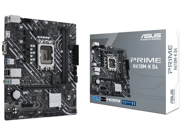 T. Madre ASUS PRIME H610M-K D4, Chipset Intel H610,Soporta: Intel 12va. Generación, Socket 1700,Memoria: DDR4 3200/2800/2133MHz, 64GB Max,Integrado: AudioHD, Red, USB 3.1 y SATA 3.0, M.2, Micro-ATX, Ptos: 1xPCIE4.0x16, 1xPCIE3.0x1.